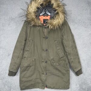 Abercrombie & Fitch Parka Jacket Women Sz M Military Green Quilted Faux Fur Hood